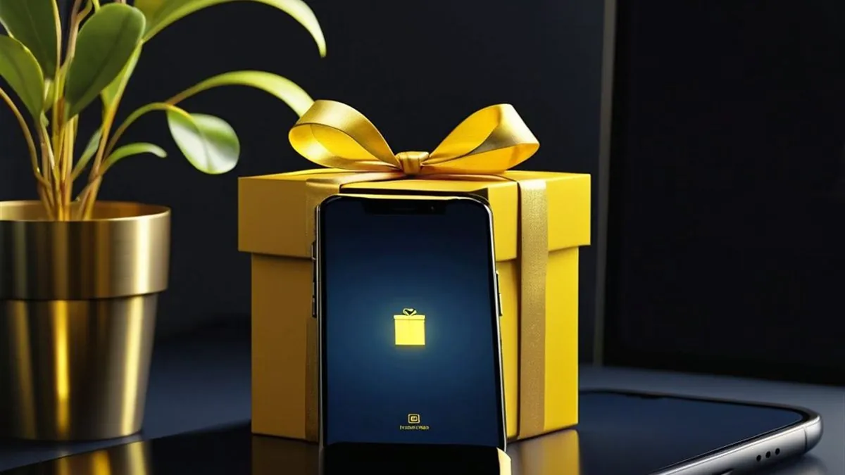Celular con un regalo en pantalla junto a una caja con moño dorado y una planta