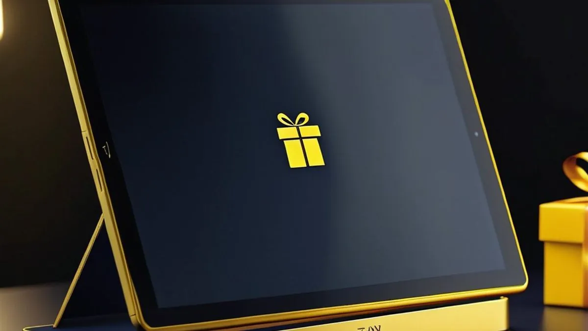 Tablet con el icono de un regalo amarillo en pantalla azul oscura y una caja amarilla