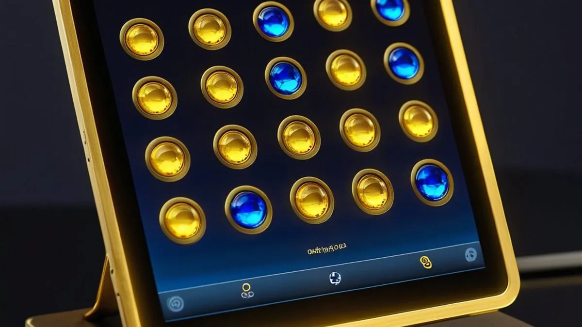 Tablet con borde dorado y una cuadrícula de fichas doradas y azules en pantalla