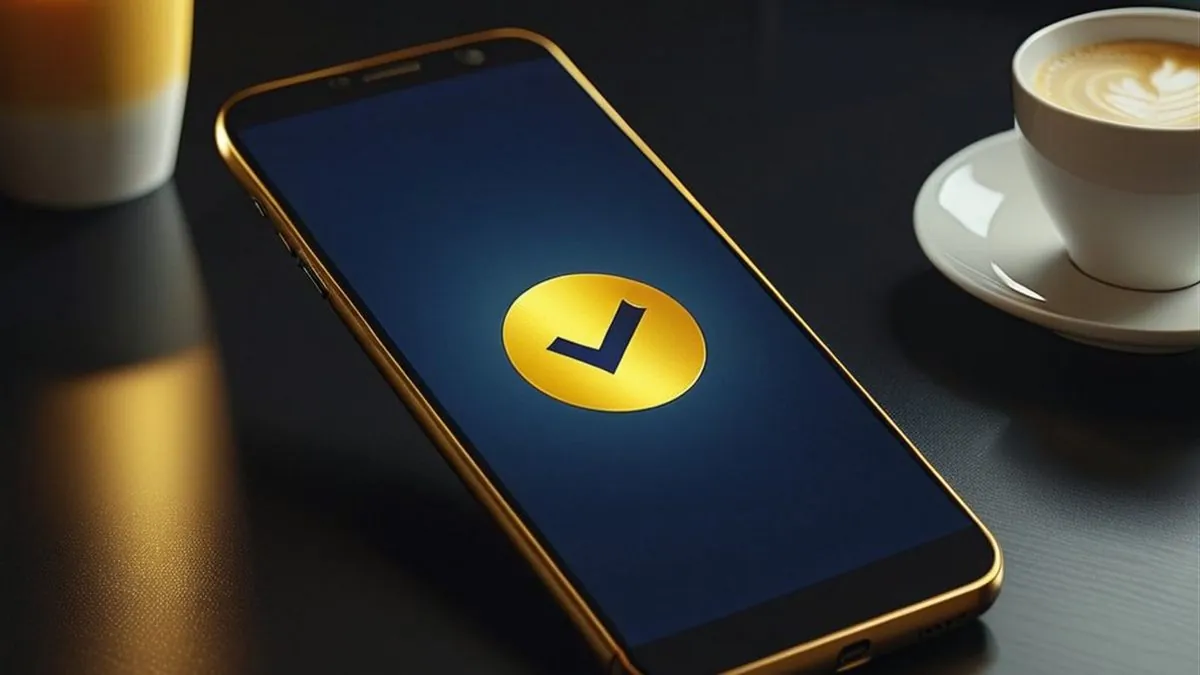 Celular con una marca de verificación dorada en pantalla junto a una taza de café