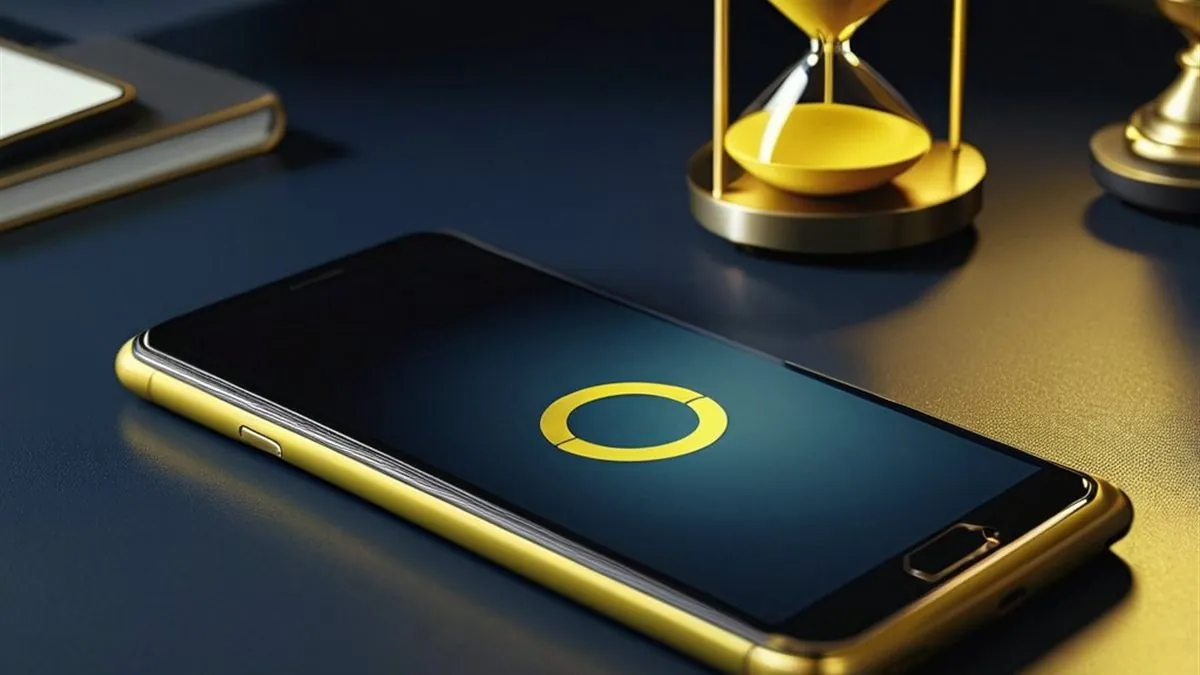 Celular con un anillo de progreso dorado en pantalla junto a un reloj de arena